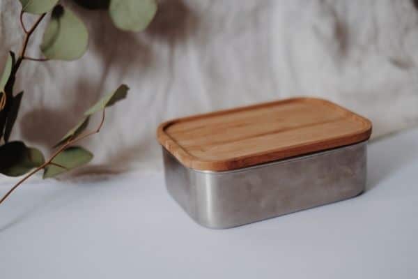 Eco friendly metal container with wooden lid